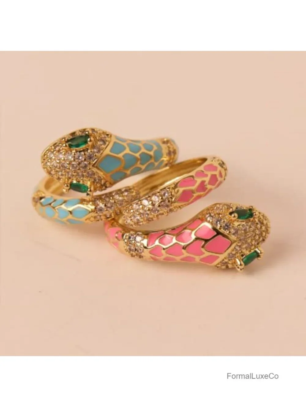 Adjustable Open Snake Ring - Gold Plated Brass, Cubic Zirconia, Oval